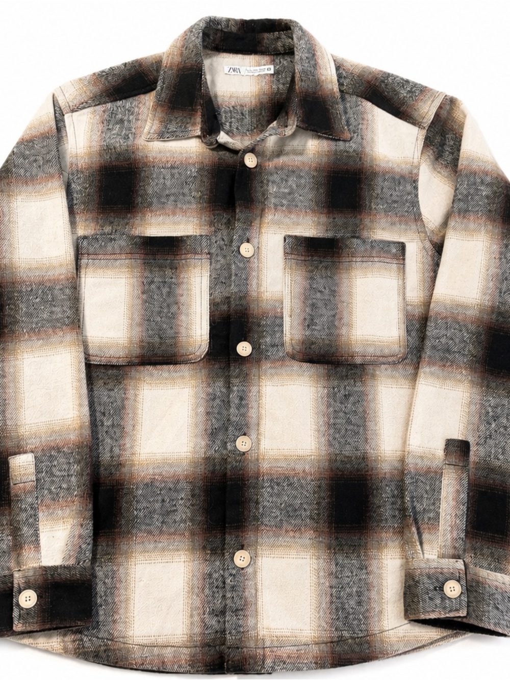 Zara Men’s Cream, Brown & Black Plaid Button-Down Shirt